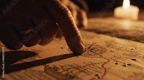 Hand pointing on an old treasure map by candlelight, adventure and discovery concept.