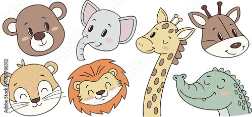 Hand drawn style animal head icons with soft colors. Friendly zoo and forest animals for children books, nursery art, stickers and labels. EPS vector