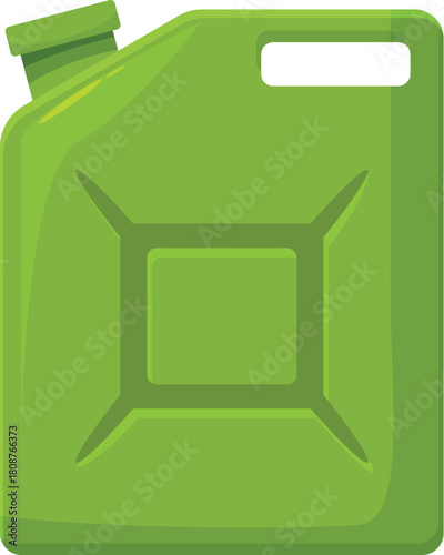 Green plastic jerrycan containing gasoline or other fuel, essential for powering various vehicles and machinery