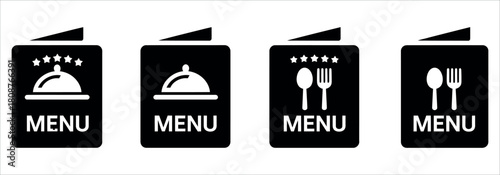 Restaurant menu icons, diverse dining options and star ratings, a culinary guide for food lovers seeking the perfect experience with delicious meals.