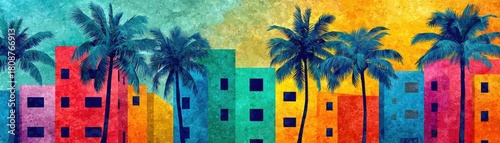 Vintage Florida postcard with iconic landmarks and vibes concept. Colorful buildings and palm trees create a vibrant urban scene.