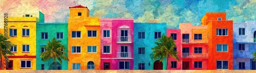 Vintage Florida postcard with iconic landmarks and vibes concept. Colorful buildings with palm trees in a vibrant coastal setting.