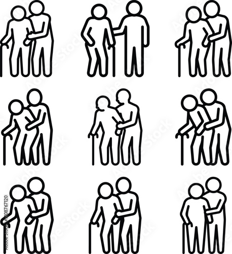 Elderly couple silhouette icons showing support and companionship