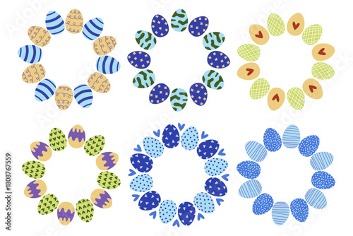 Colorful Easter egg wreaths in various designs for festive spring decorations and celebrations