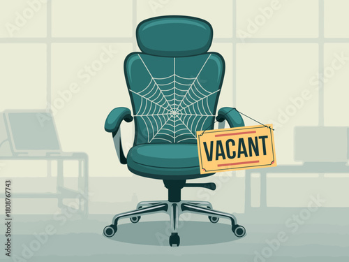 A vacant office chair adorned with a spider web signifies abandonment and quiet, highlighting themes of time, change, and the passage of professional life in a minimalist style.