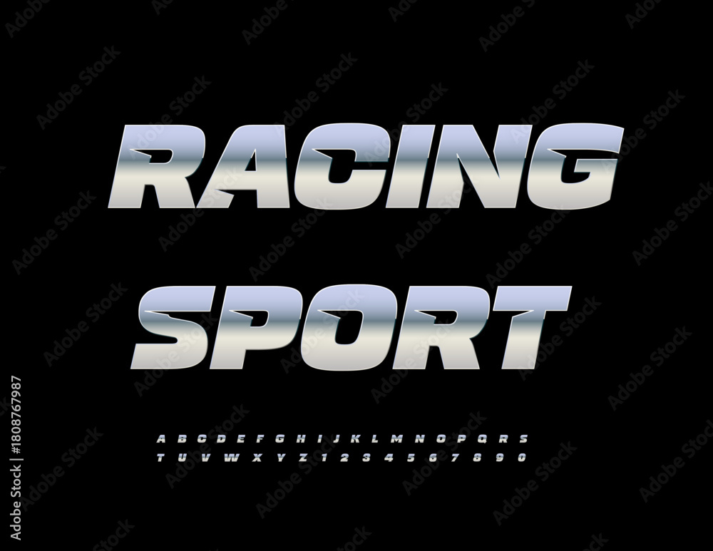 Fototapeta premium Vector Activity banner Racing Sport with Trendy Chrome Alphabet Letters and Numbers set. Metallic Dynamic Font