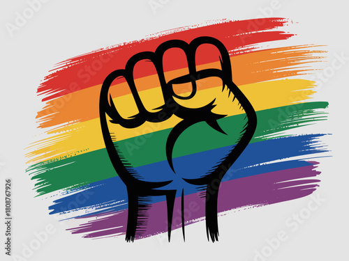 A powerful representation of solidarity and support for LGBTQ+ rights, featuring a raised fist emblematic of pride, strength, and the vibrant colors of the rainbow flag.