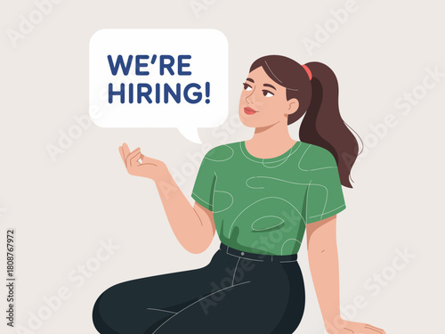 A woman is depicted with a speech bubble announcing 'We’re Hiring!', capturing the essence of job recruitment and the importance of finding the right talent in the workplace.