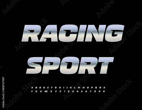 Vector Activity banner Racing Sport with Trendy Chrome Alphabet Letters and Numbers set. Metallic Dynamic Font