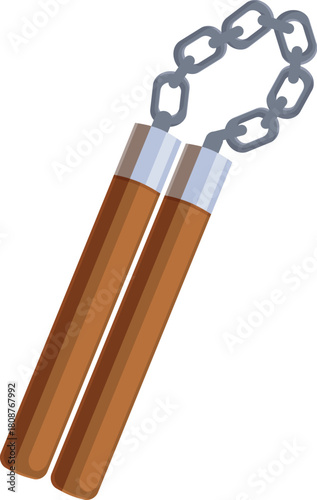 Wooden nunchaku with metal chain connecting two handles, representing martial arts and self defense practice