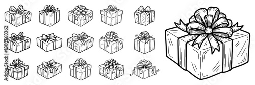 Hand drawn gift box collection set of monochrome present icons with bows vector illustration