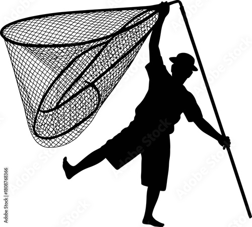 Man in hat with large fishing net silhouette capturing vector