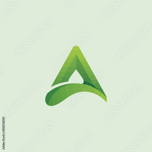 This modern green logo features a stylized triangle shape and flowing curves, representing sustainability, innovation, and growth in an eco-friendly context with vibrant colors.