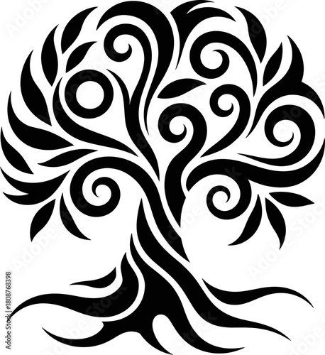 Stylized tree of life symbol, elegant roots and swirling branches