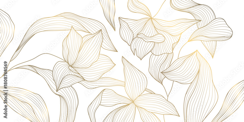 Fototapeta premium Luxury vector golden floral line art background featuring elegant flowers, delicate leaves, modern oriental style. Premium wedding invitations