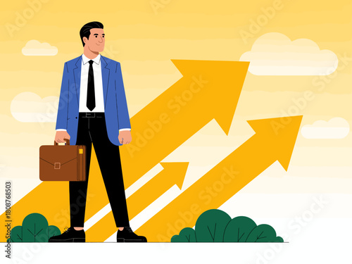 A businessman in a suit stands proudly in front of multiple upward arrows, symbolizing growth, success, and ambition in a vibrant environment.