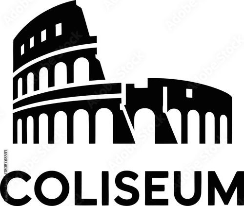 Stylized colosseum silhouette icon with bold text, ancient rome