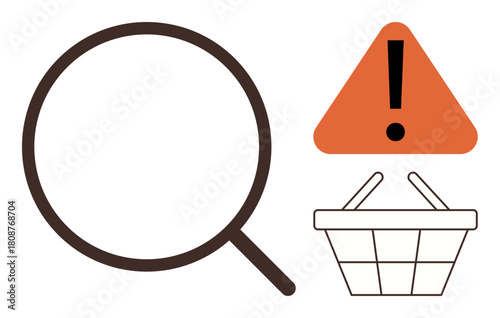 Magnifying glass, orange warning sign, and shopping basket emphasize caution and problems in e-commerce. Ideal for risk assessment, online shopping, security issues, problem detection, fraud
