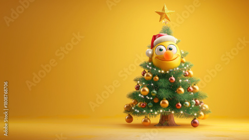 Christmas tree with emoji face and Santa hat on yellow background