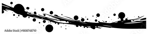 Abstract grunge black ink splash banner with floating dots and dynamic wave motion vector design element for footer or border