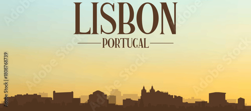 Panoramic poster of the city skyline with misty background buildings, hills sunrise, sunset and clouds of LISBON, PORTUGAL