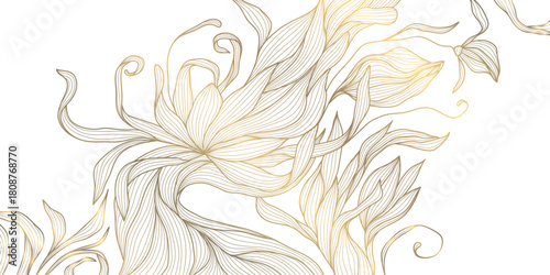 Luxury vector golden floral line art background featuring elegant flowers, delicate leaves, modern oriental style. Premium wedding invitations