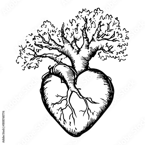 Hand drawn anatomical heart with tree branches growing from arteries surreal sketch style vector illustration symbolizing life and nature