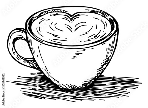 Hand drawn sketch of a coffee cup with heart shaped latte art on a textured background vector illustration