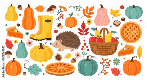 Autumnthemed illustration with pumpkins, leaves, hedgehog, basket, and waffles on a flat design style background