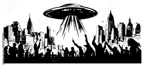 Alien invasion concept with UFO hovering over city skyline and crowd of people silhouette vector illustration