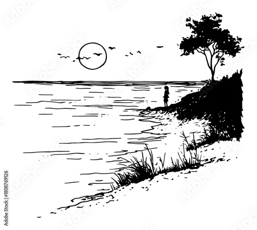 Coastal landscape with cliff lone figure and birds hand drawn seascape vector illustration