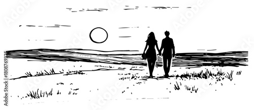 romantic couple walking together on landscape at sunset hand drawn sketch vector illustration