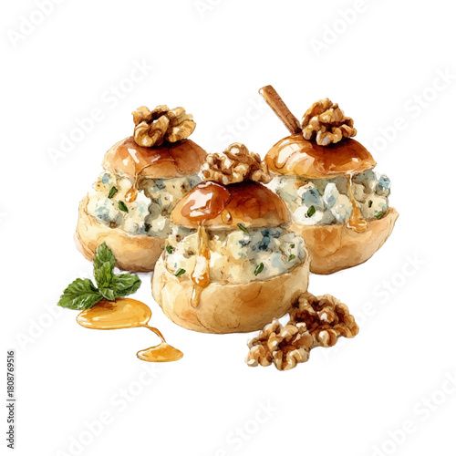 Appetizer food serving blue cheese bites or mini sandwiches with drizzling honey, crunchy walnuts, and fresh mint leaves, presented as a watercolor style illustration on a transparent background