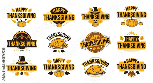 Happy thanksgiving holiday celebration with festive turkey, pumpkin, and autumn leaves in various colorful designs