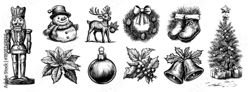 Classic vintage Christmas icons set including nutcracker snowman reindeer and festive ornaments engraving style vector