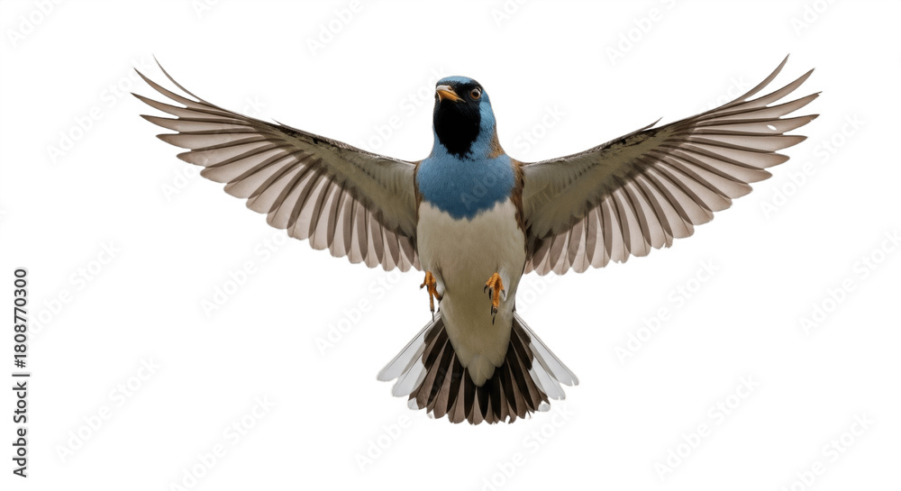 Fototapeta premium Small colorful bird in mid-flight isolated on white background, blue head, orange chest, green-olive wings, detailed feathers with wings fully spread, soft even lighting showcasing vibrant plumage and