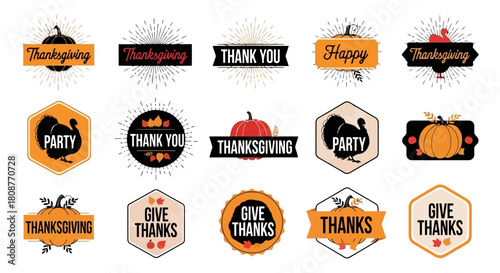 Collection of festive and thanksgivingthemed icons with pumpkins, party, and gratitude messages