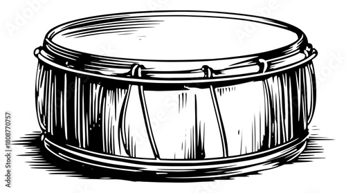 Vintage hand drawn snare drum sketch illustration in black ink engraving style for music design