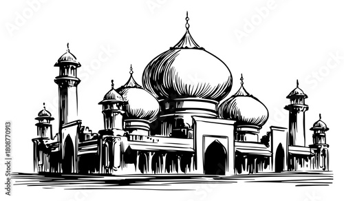 Islamic mosque architecture with domes and minarets hand drawn sketch vector