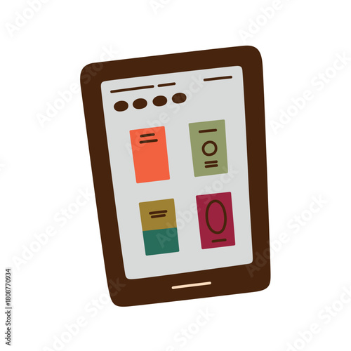 Electronic ebook reader device vector illustration with flat cartoon interface, digital library screen, book covers selection, modern technology for education, learning, online reading platforms