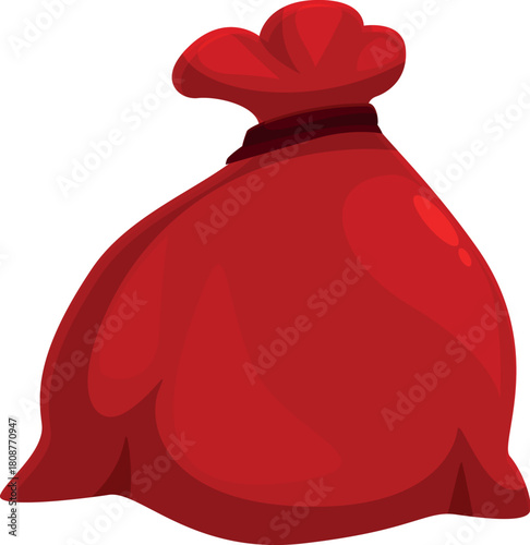 Closed red santa claus bag tied with rope containing christmas gifts