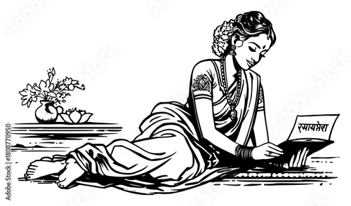 Traditional Indian woman in sari reclining and reading book black and white vector
