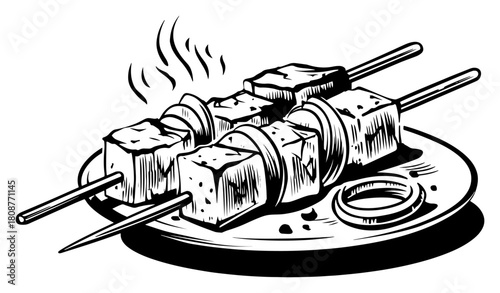 Grilled Kebab Skewers On Plate Barbecue Food Sketch Vector Illustration