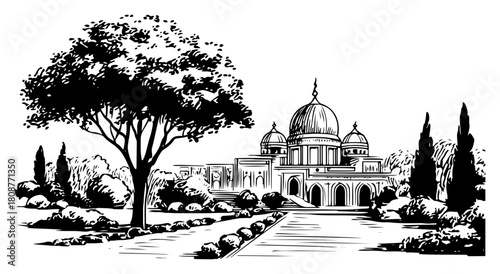 Scenic landscape sketch with large tree and pathway leading to domed building architecture vector illustration