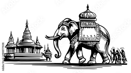 Traditional ceremonial elephant with temple architecture vintage engraving style vector