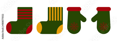 Set Christmas decorations isolated on white or transparent background. Green socks with red and yellow stripes. Green mittens with red snowflakes. Vector illustration. Close-up elements for design.