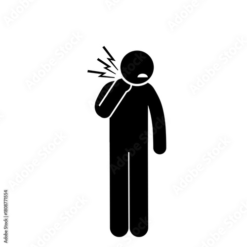 Stick figure showing discomfort with painful neck strain.