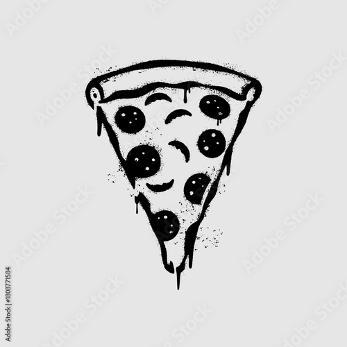 Minimalist black and white pizza slice graffiti stencil art design