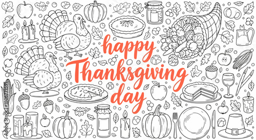 Happy thanksgiving day illustration with various food items and festive elements on