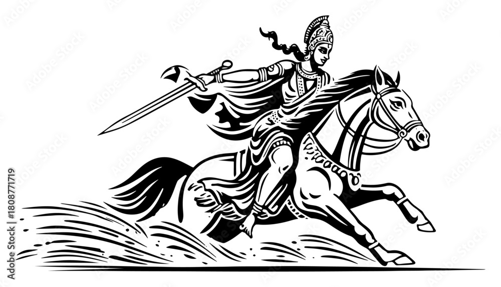 Obraz premium Galloping Warrior On Horse With Sword Heroic Battle Sketch Vector